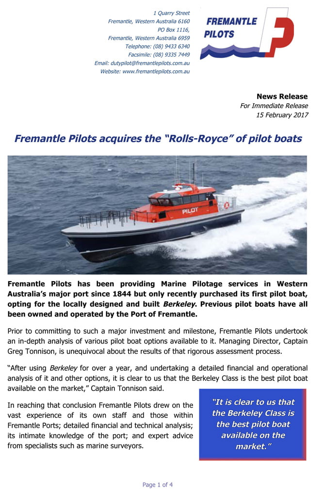 Berkeley Pilot boat sold to Fremantle Pilots